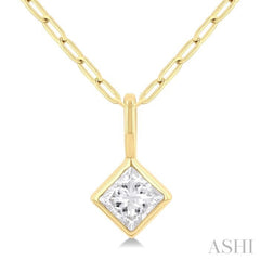 1/5 Ctw Princess Cut Bezel Set Diamond Fashion Pendant with Paperclip Chain in 10K Yellow Gold