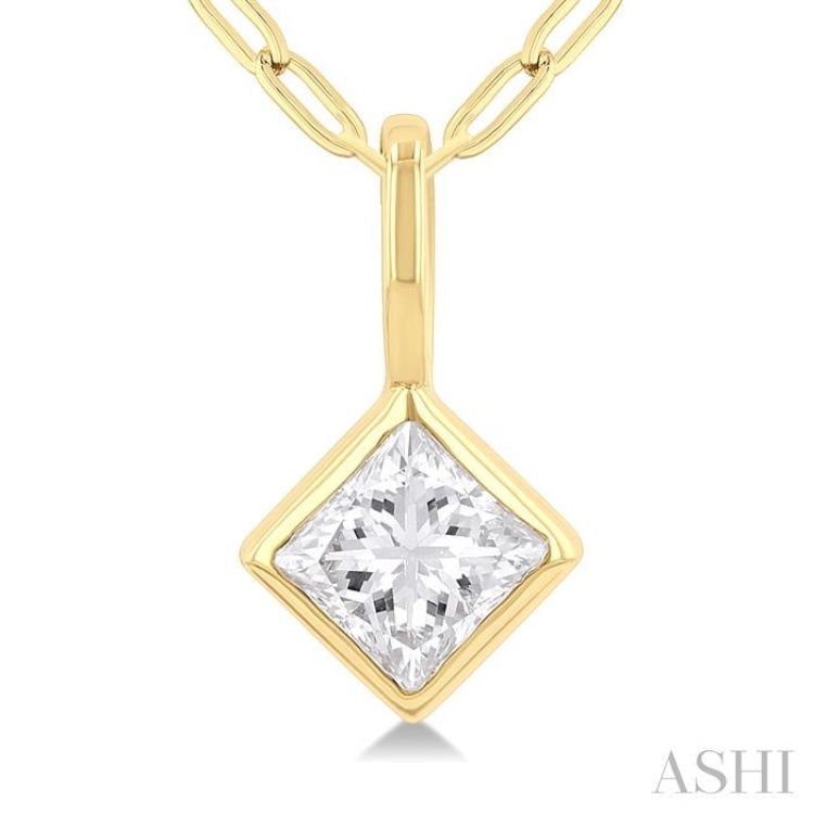 1/5 Ctw Princess Cut Bezel Set Diamond Fashion Pendant with Paperclip Chain in 10K Yellow Gold