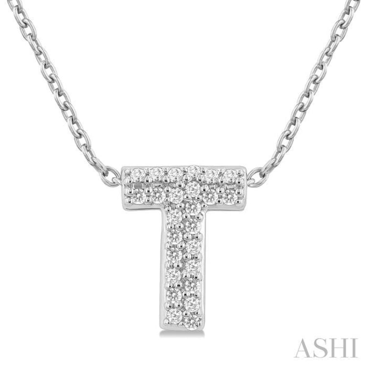 1/10 Ctw Initial 'T' Round Cut Diamond Fashion Pendant With Chain in 10K White Gold