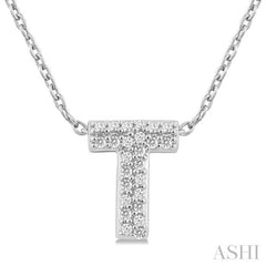1/10 Ctw Initial 'T' Round Cut Diamond Fashion Pendant With Chain in 10K White Gold