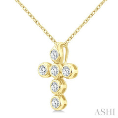1/6 Ctw Round Cut Diamond 6-Stone Bezel Set Cross Pendant With Chain in 14K Yellow Gold