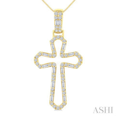 1/2 Ctw Open Window Cross Frame Baguette and Round Cut Diamond Fashion Pendant With Chain in 10K Yellow Gold
