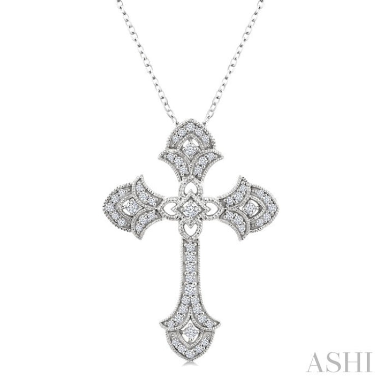 1/4 Ctw Cross Round Cut Diamond Fashion Pendant With Chain in 14K White Gold