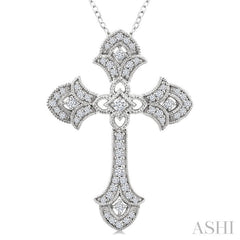 1/4 Ctw Cross Round Cut Diamond Fashion Pendant With Chain in 14K White Gold
