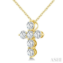 3/4 Ctw Round Cut Diamond Christian Cross 6-Stone Fashion Pendant With Chain in 14K Yellow Gold