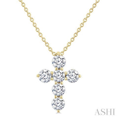 1/2 Ctw Round Cut Diamond Christian Cross 6-Stone Fashion Pendant With Chain in 14K Yellow Gold
