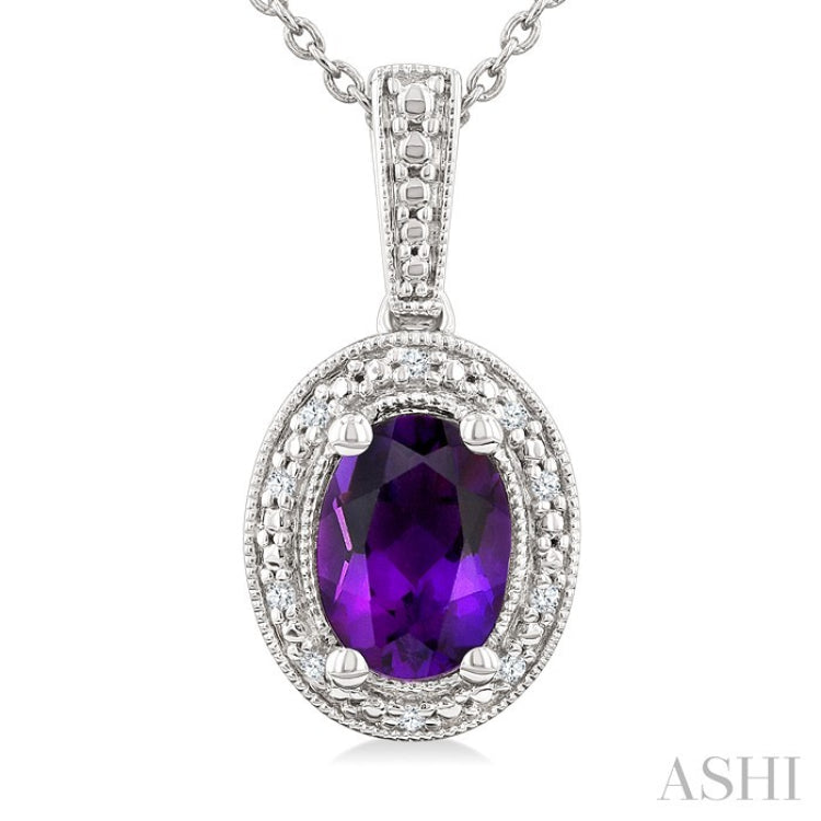 7X5 MM Oval Shape Amethyst and 1/50 Ctw Round Cut Diamond Semi-precious Pendant With Chain in Sterling Silver