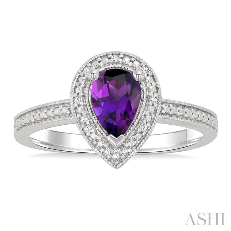 7x5 MM Pear Shape Amethyst and 1/50 Ctw Round Cut Diamond Semi-precious Ring in Sterling Silver