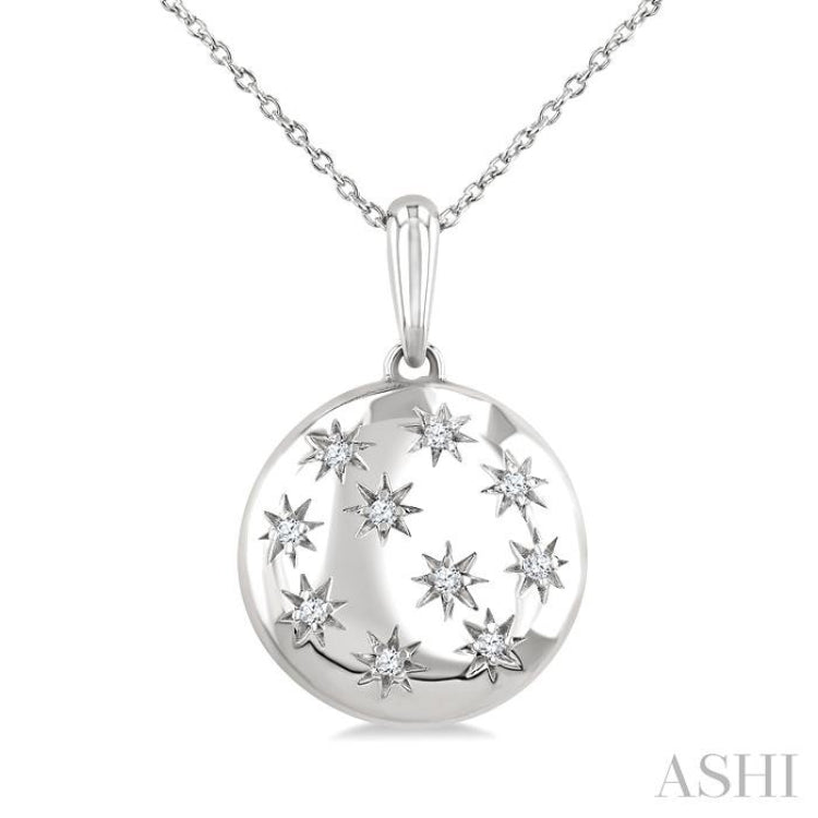 1/10 Ctw Bold Star Engraved Puffed Round Single Cut Diamond Pendant With Chain in Sterling Silver