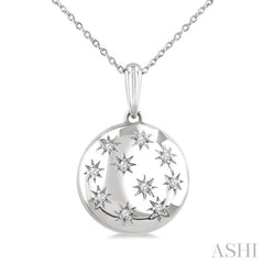 1/10 Ctw Bold Star Engraved Puffed Round Cut Diamond Pendant With Chain in Sterling Silver