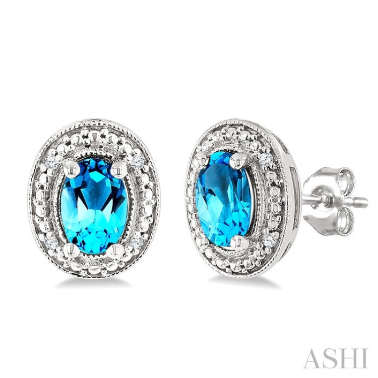 6X4 MM Oval Shape Blue Topaz and 1/50 Ctw Round Cut Diamond Semi-Precious Earrings in Sterling Silver