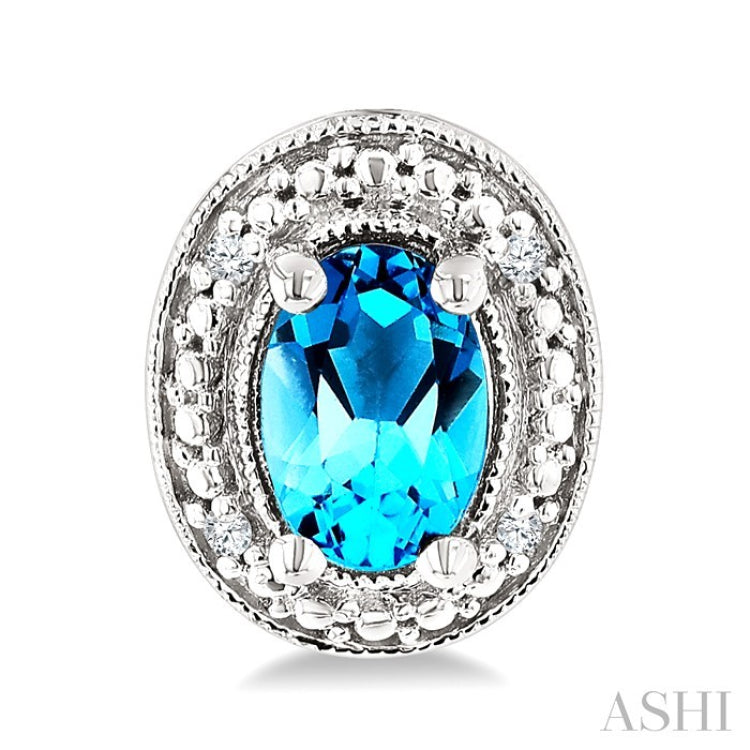 6X4 MM Oval Shape Blue Topaz and 1/50 Ctw Round Cut Diamond Semi-Precious Earrings in Sterling Silver